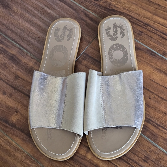 Sorel Ella Block Slide Metallic Suede Women's Sandals in Neutral Tan Size 9 - Picture 3 of 12